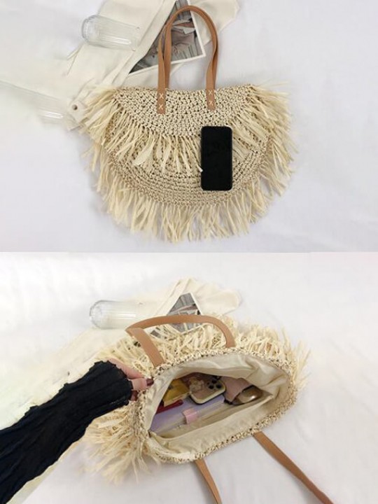 WHITE STRAW CROCHET PATTERN HAND BAG