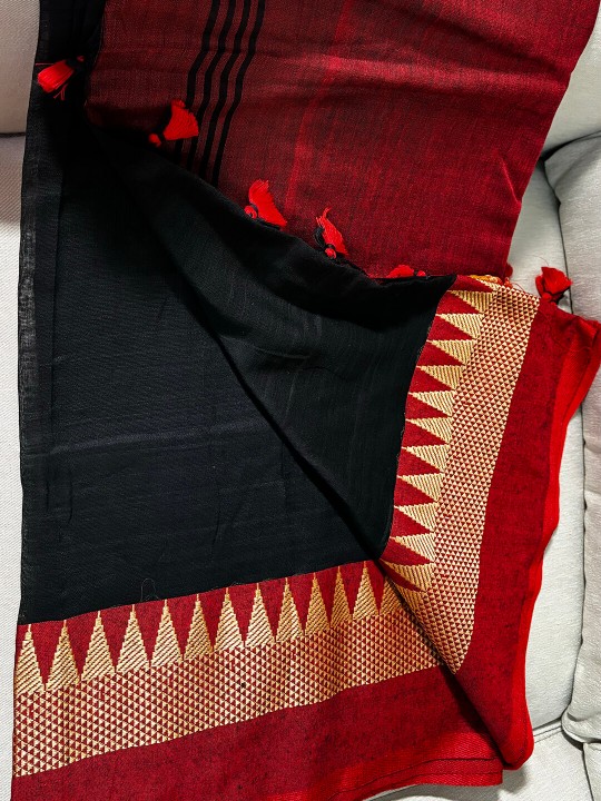 BLACK AND RED KHADI COTTON SAREE