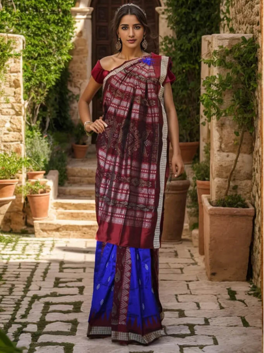 BLUE AND RED SAMBALPURI SILK SAREE