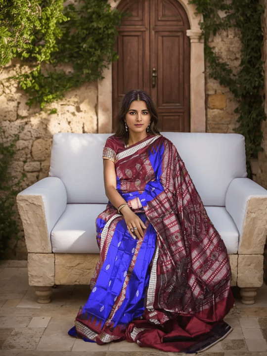 BLUE AND RED SAMBALPURI SILK SAREE