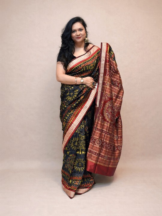 HANDWOVEN BLACK AND GOLDEN SAMBALPURI PATA SAREE