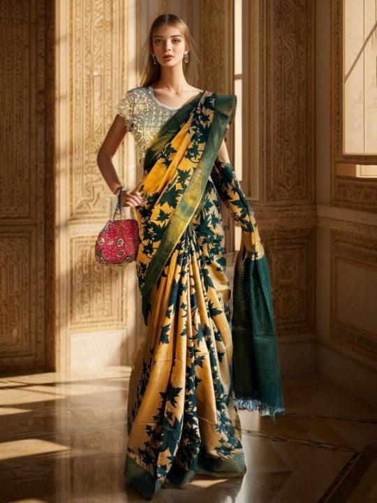  TASSAR GHICHA GREEN PRINTED SAREE