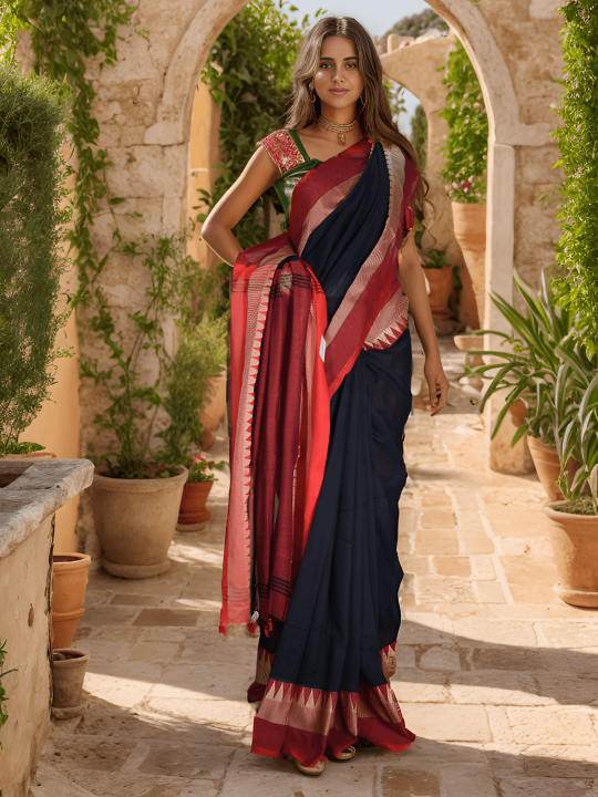 BLACK AND RED KHADI COTTON SAREE