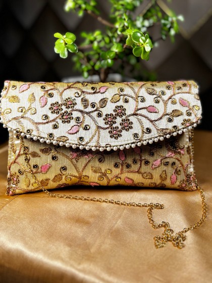 GOLDEN & LIGHT PINK EMBROIDERED CLUTCH