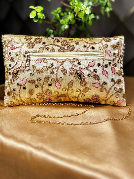 GOLDEN & LIGHT PINK EMBROIDERED CLUTCH