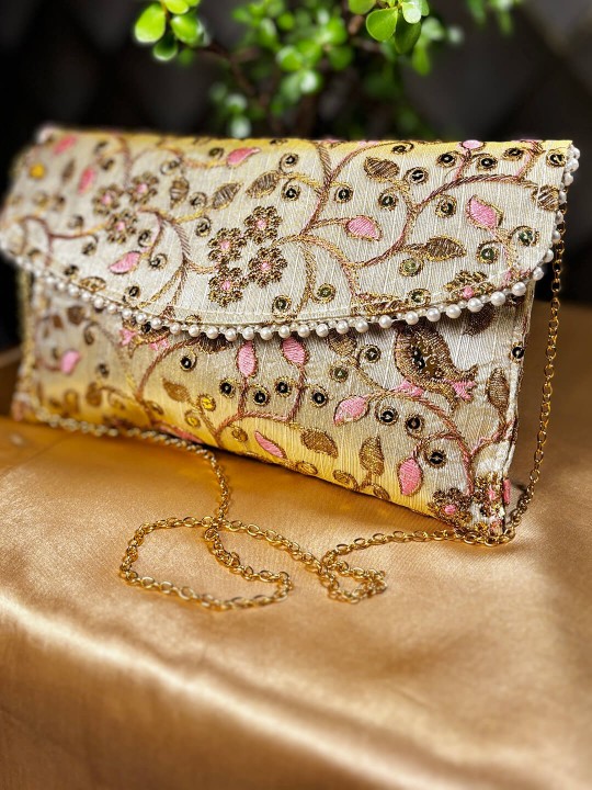 GOLDEN & LIGHT PINK EMBROIDERED CLUTCH