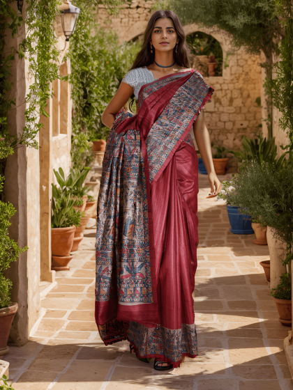 RED TASSAR HANDPAINTED MADHUBANI SILK SAREE