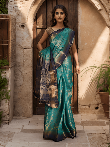 FLORA GREEN AND BLUE MADURAI SILK SAREE