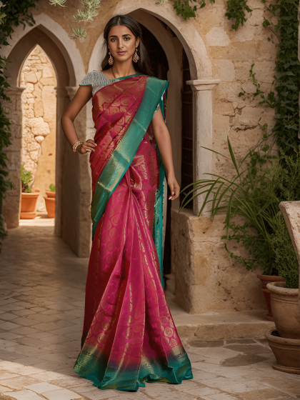 ROSE PINK AND GREEN MADURAI SILK SAREE