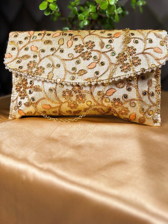 GOLDEN & PEACH EMBROIDERED CLUTCH