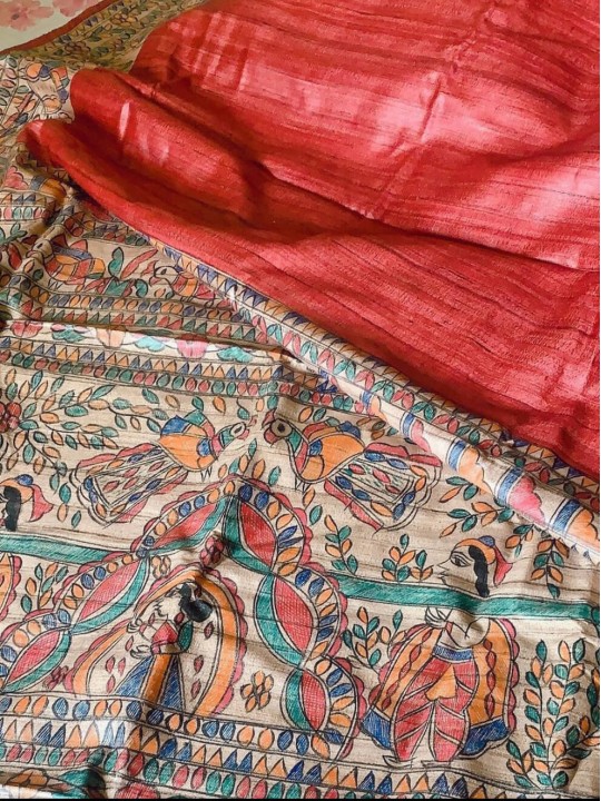 RED TASSAR HANDPAINTED MADHUBANI SILK SAREE