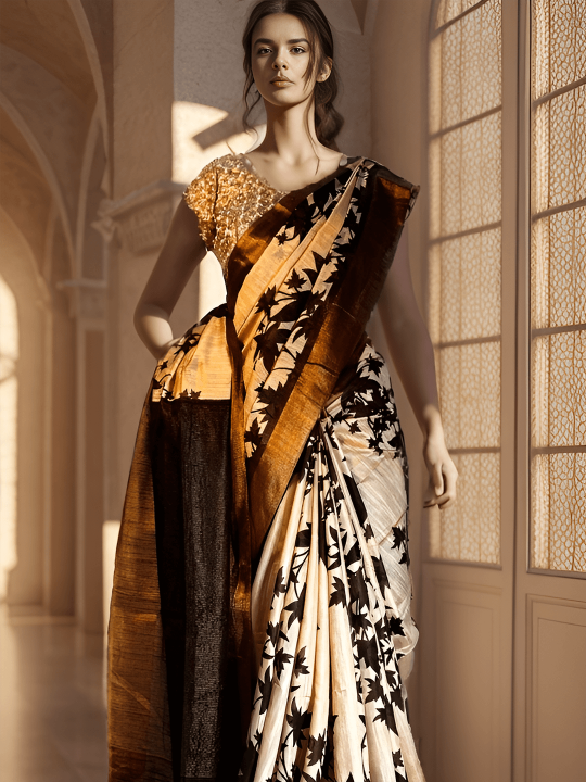 TUSSAR GHICHA BROWN PRINT SAREE