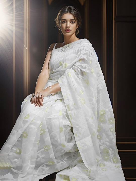 RUPSHRI WHITE AND GOLDEN COTTON JAMDANI SAREE