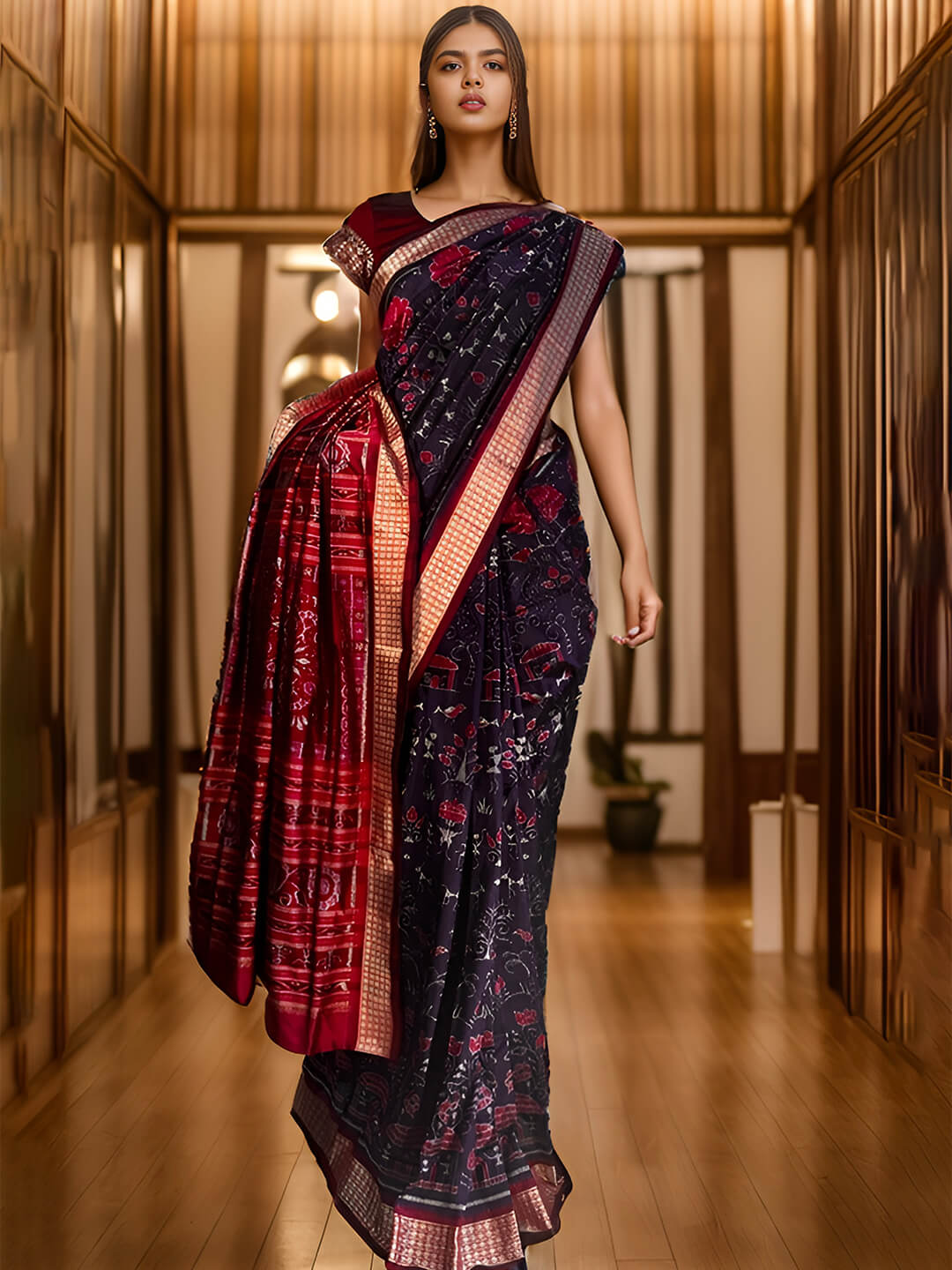 INDIGO BLUE AND PINK SAMBALPURI PATA SAREE