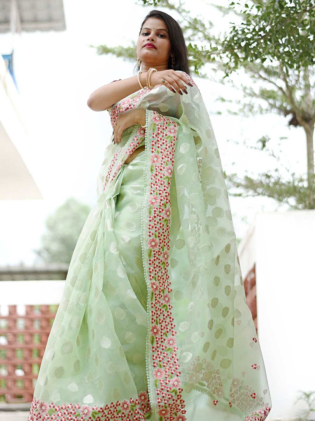 LIGHT GREEN EMBROIDERED FANCY SAREE