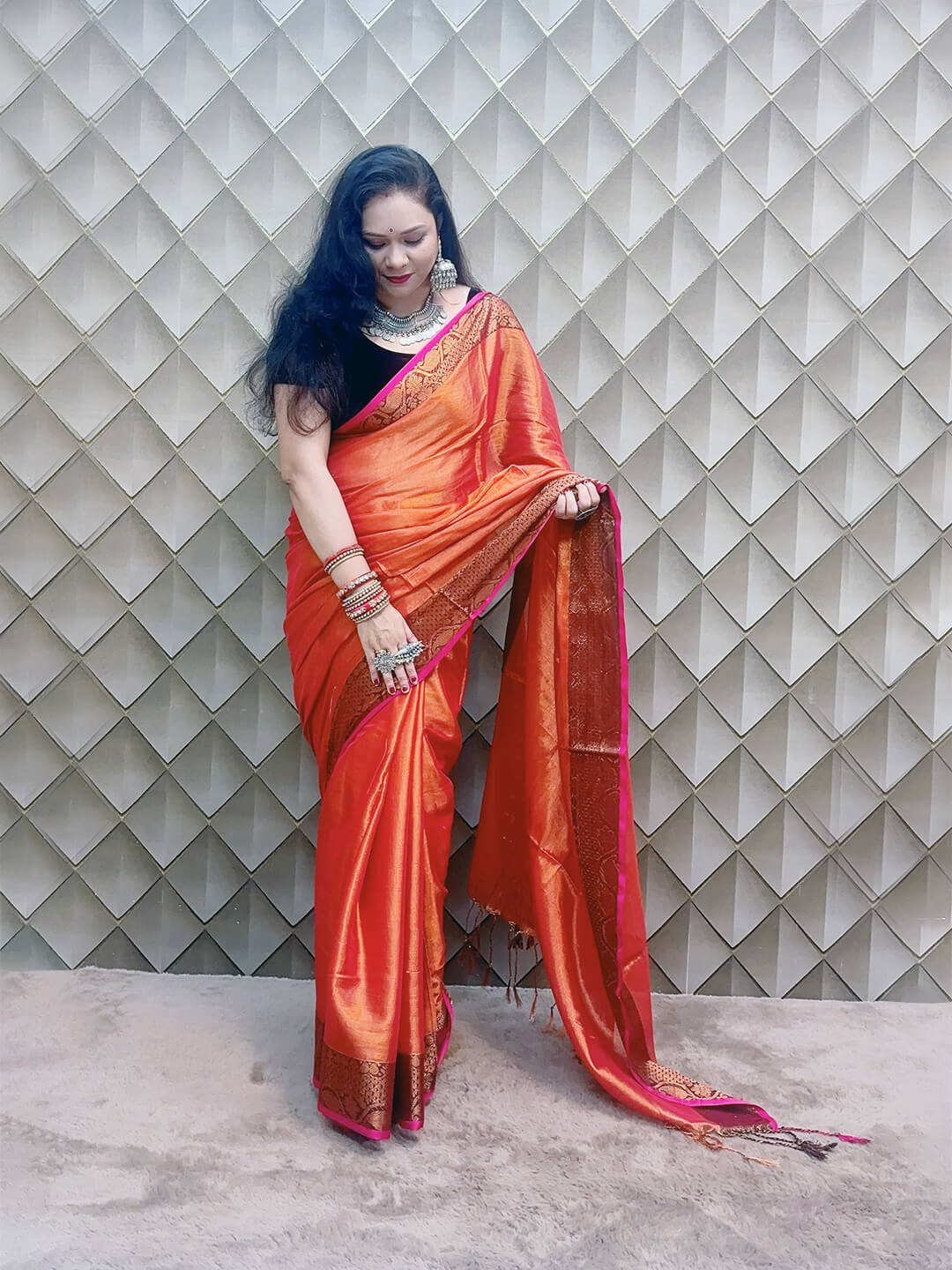 METALLIC BRICK RED WITH GOLDEN BORDER TISSUE SAREE