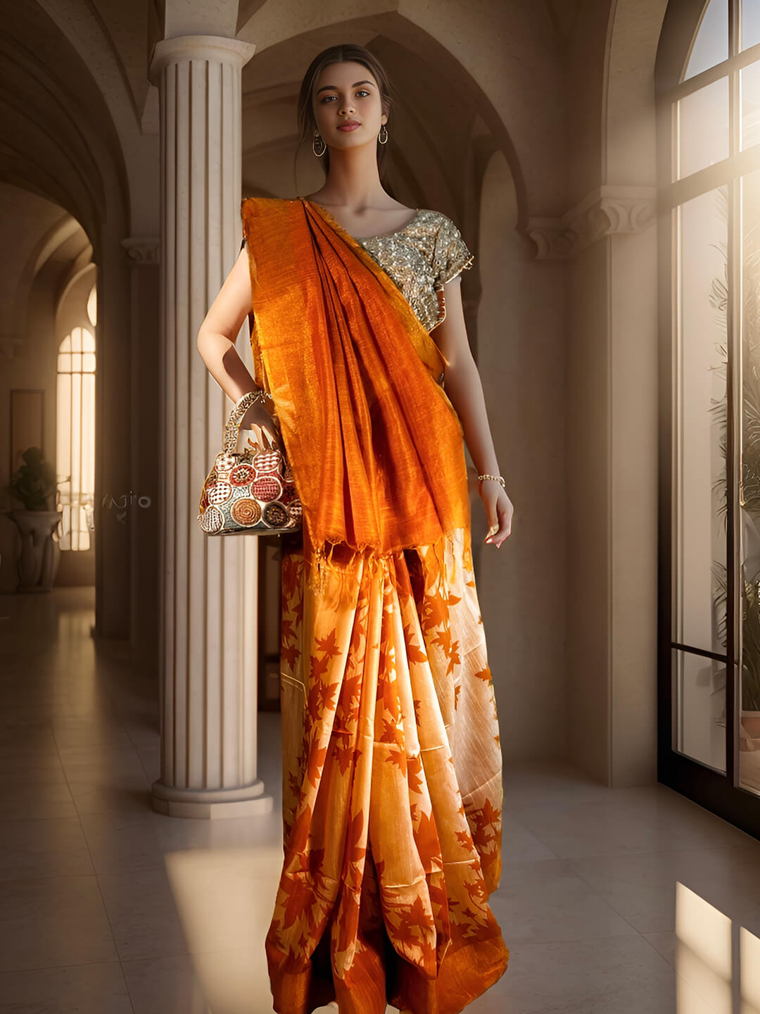  TASSAR GHICHA YELLOW PRINTED SAREE