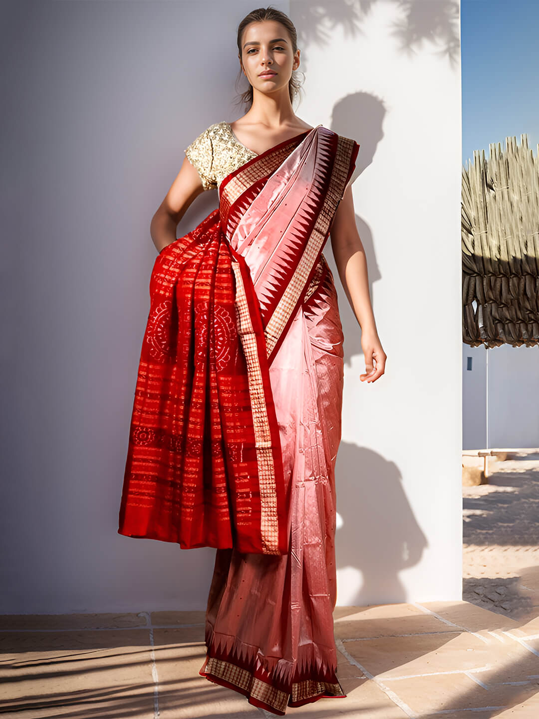 LIGHT PINK AND ORANGE SAMBALPURI SAREE